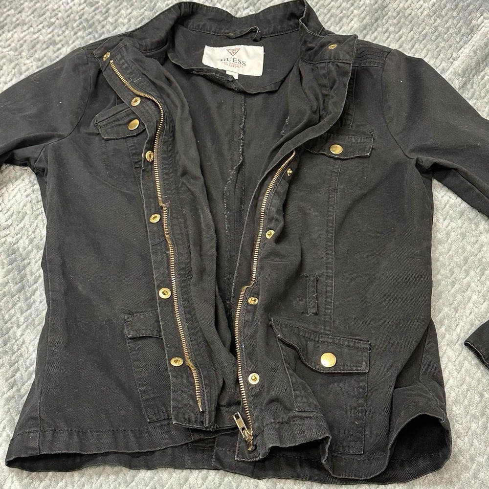 Guess Jacket Women's M Biker Moto Full Zip Snap Canvas 100% Cotton Triangle Logo - Picture 3 of 11